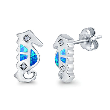 Seahorse Stud Earrings Lab Created Blue Opal 925 Sterling Silver (13mm)